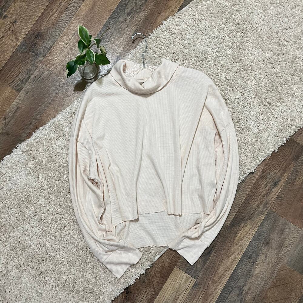 American Eagle Large Oversized Cream Cowl Neck Boxy Pullover Waffle Thermal Top